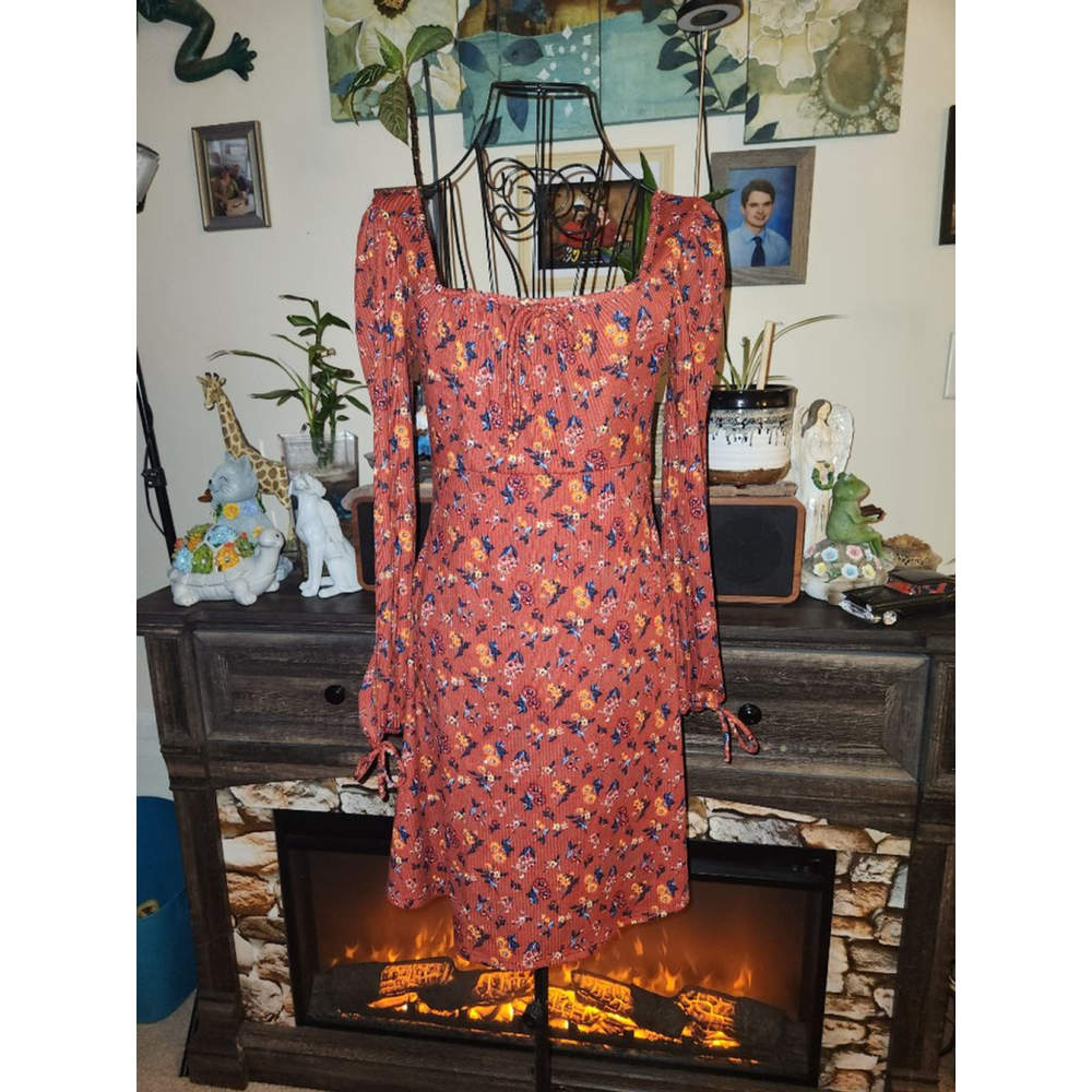 Gypsy Rust Floral Long Sleeve square neck line Dress Size S